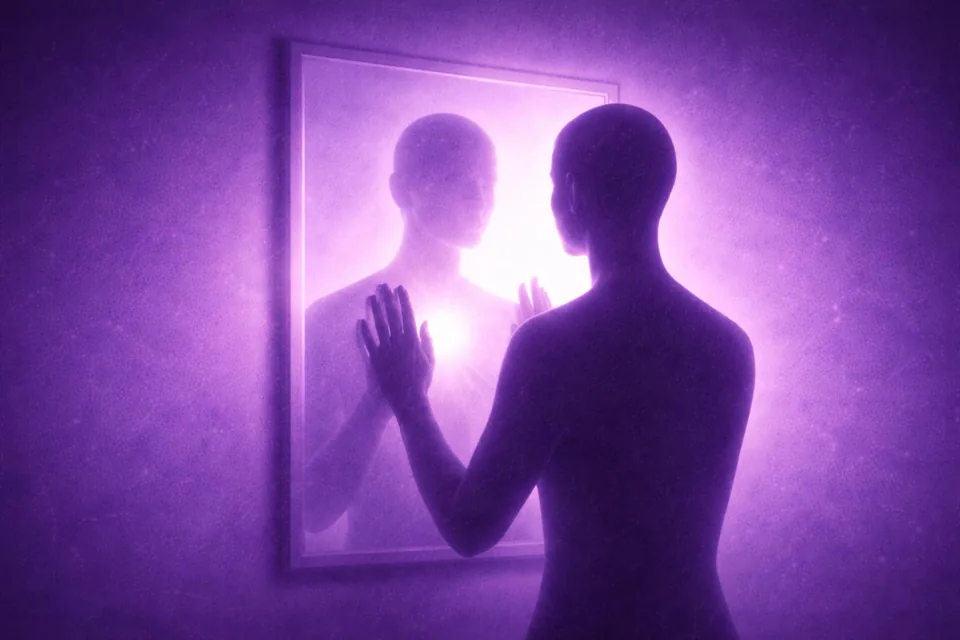 Una persona ante su reflejo en un espejo iluminado en morado